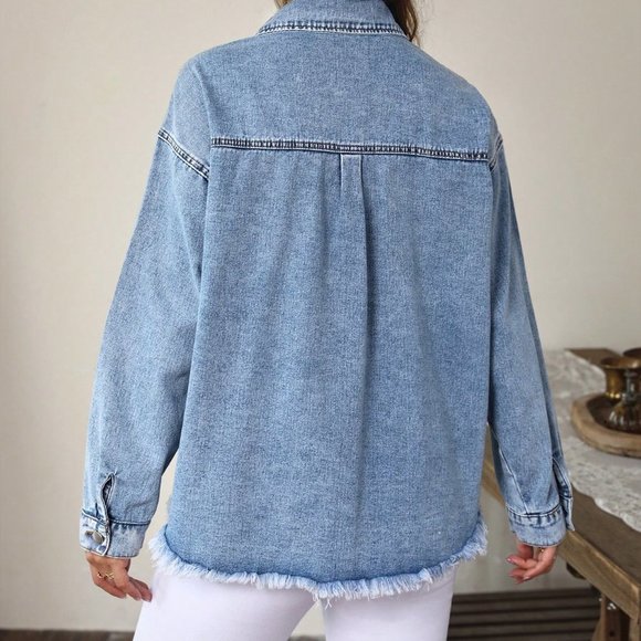 Blue Preppy Womens Flap Pocket Drop Shoulder Raw Cut Denim Jacket - Picture 4 of 5